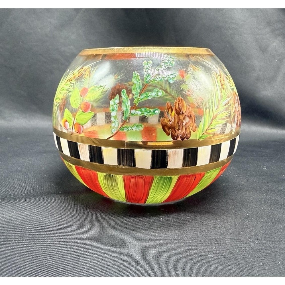 Vintage Mackenzie Childs Hand Painted Heirloom Holly Pine Glass Globe W/sticker
